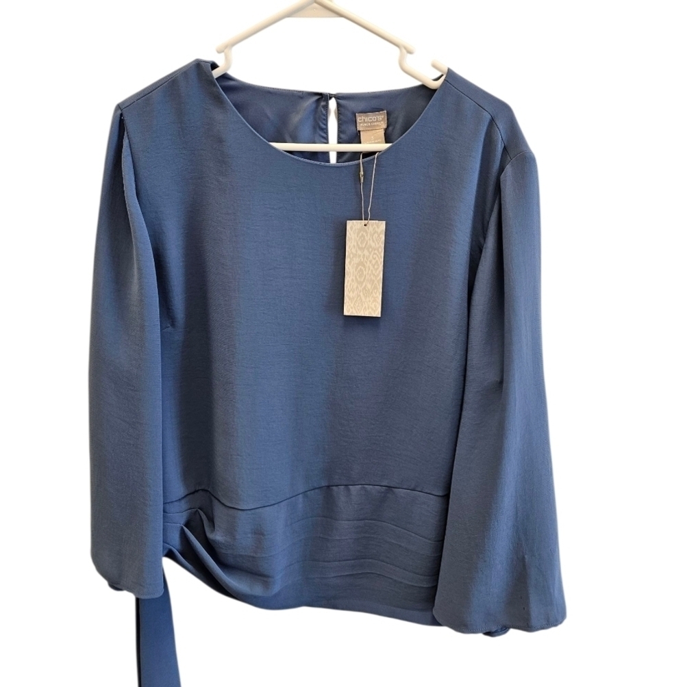 Chico's Black Label Side Flare Sleeve Top Blue Winter Lake NEW Womens